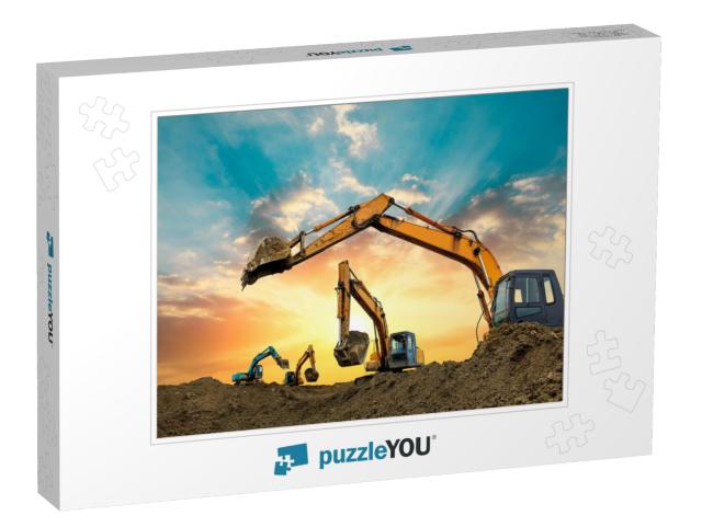 Four Excavators Work on Construction Site At Sunset... Jigsaw Puzzle