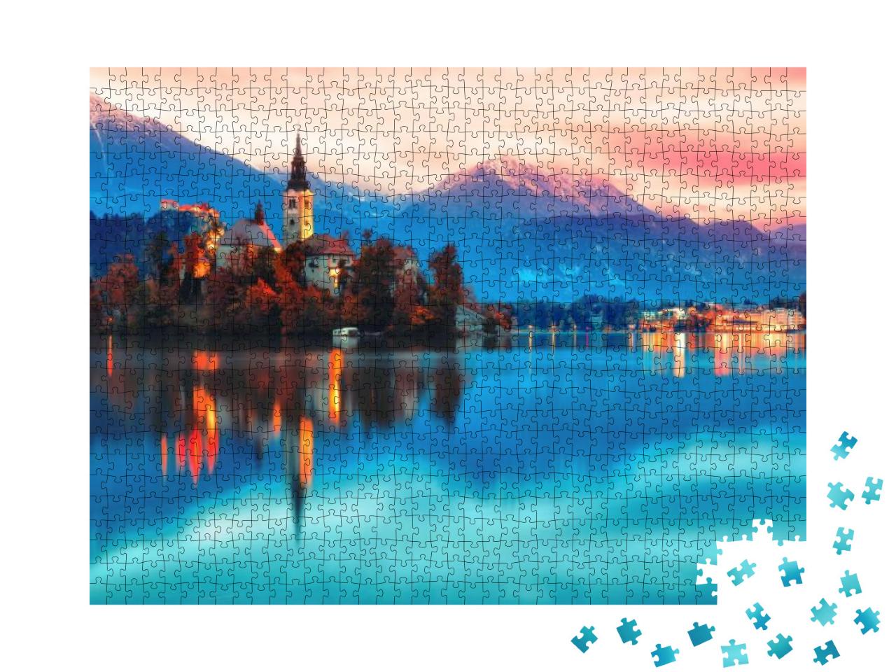 Night Scene of Bled Lake in Slovenia, Famous & Popular Tr... Jigsaw Puzzle with 1000 pieces