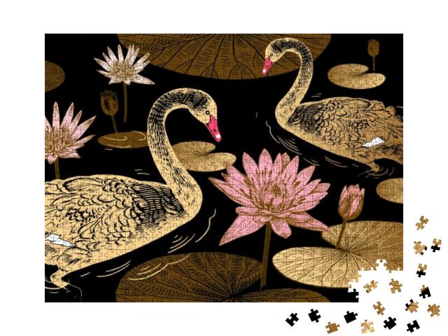 Seamless Pattern with Birds Swans, Flowers & Leaves of Wa... Jigsaw Puzzle with 1000 pieces