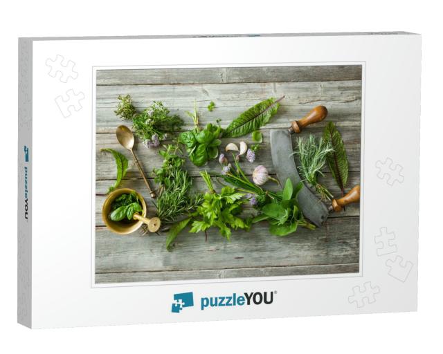 Fresh Kitchen Herbs & Spices on Wooden Table. Top View... Jigsaw Puzzle