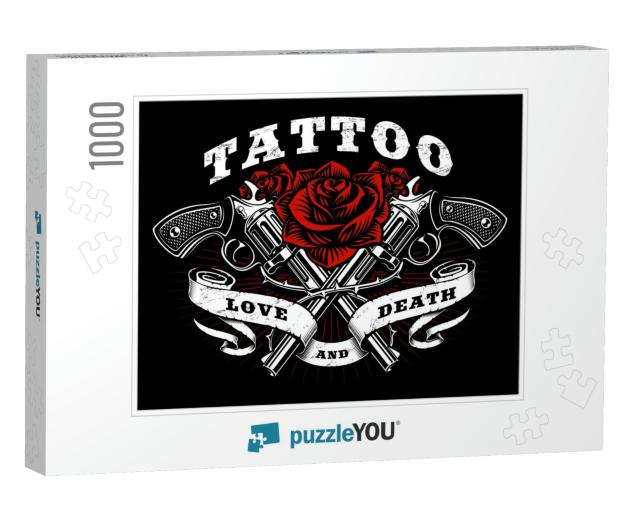 Guns & Roses Tattoo Design. Black & White Illustration wi... Jigsaw Puzzle with 1000 pieces