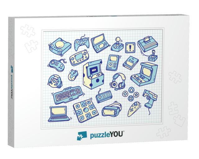 Set of Vintage Video Game Doodle on Paper Background... Jigsaw Puzzle