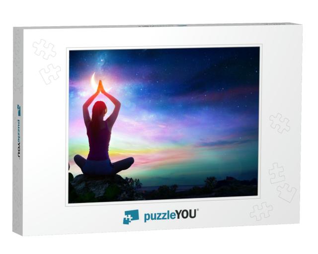 Woman Doing Yoga with Lotus Flowers & Chakra Gradient Col... Jigsaw Puzzle