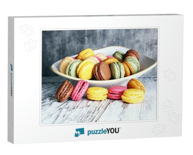 Sweet & Colorful French Macaroons or Macaron on White Bac... Jigsaw Puzzle