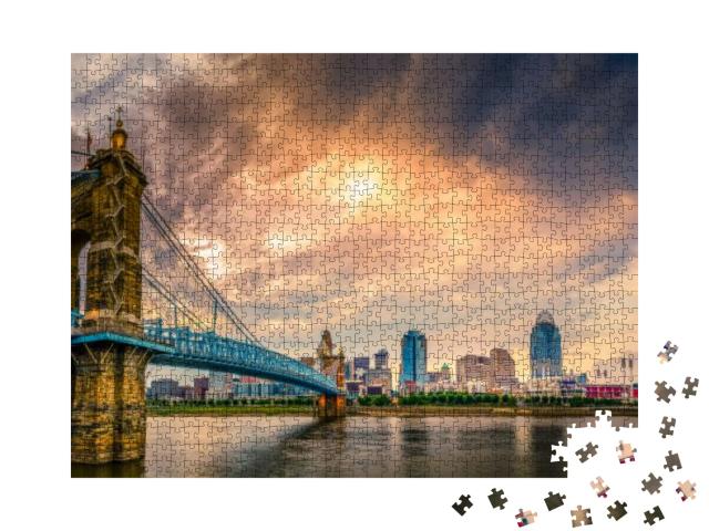 Panoramic View of John A. Roebling Suspension Bridge Over... Jigsaw Puzzle with 1000 pieces