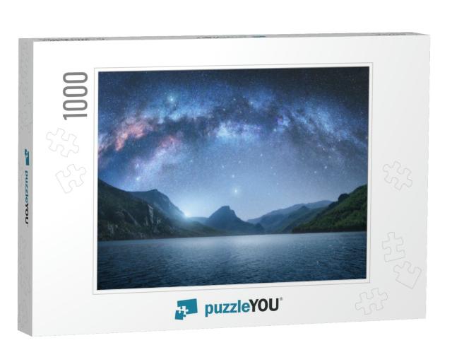 Arched Milky Way Over the Beautiful Mountains & Blue Sea... Jigsaw Puzzle with 1000 pieces