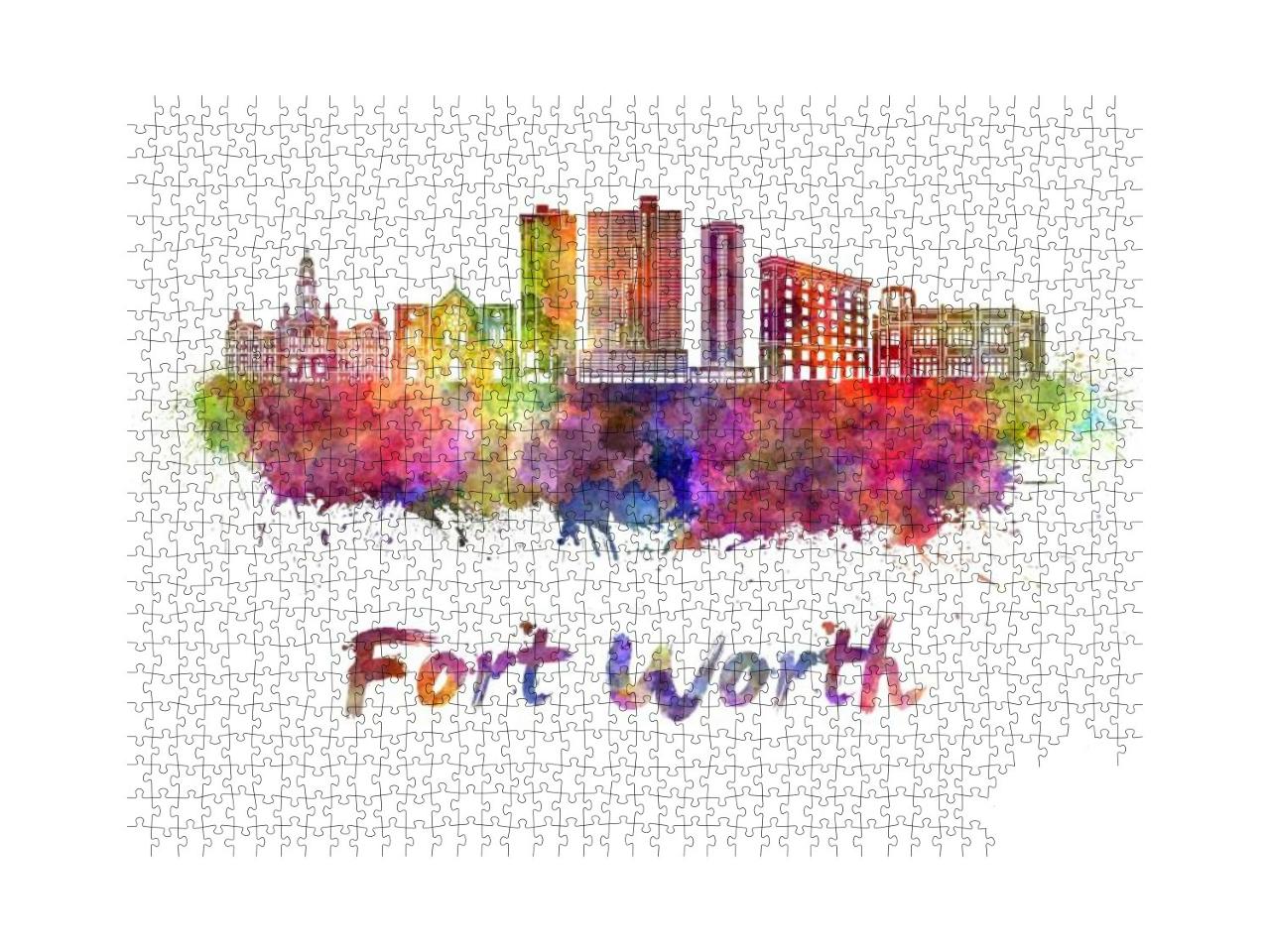 Fort Worth Skyline in Watercolor Splatters with Clipping... Jigsaw Puzzle with 1000 pieces