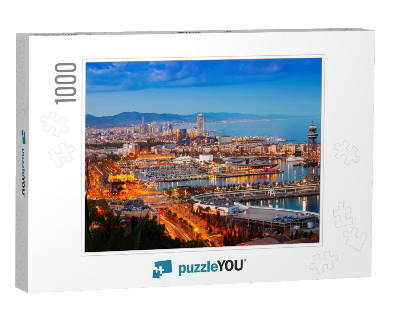 Panorama of Barcelona with Port in Night Time. Catalonia... Jigsaw Puzzle with 1000 pieces