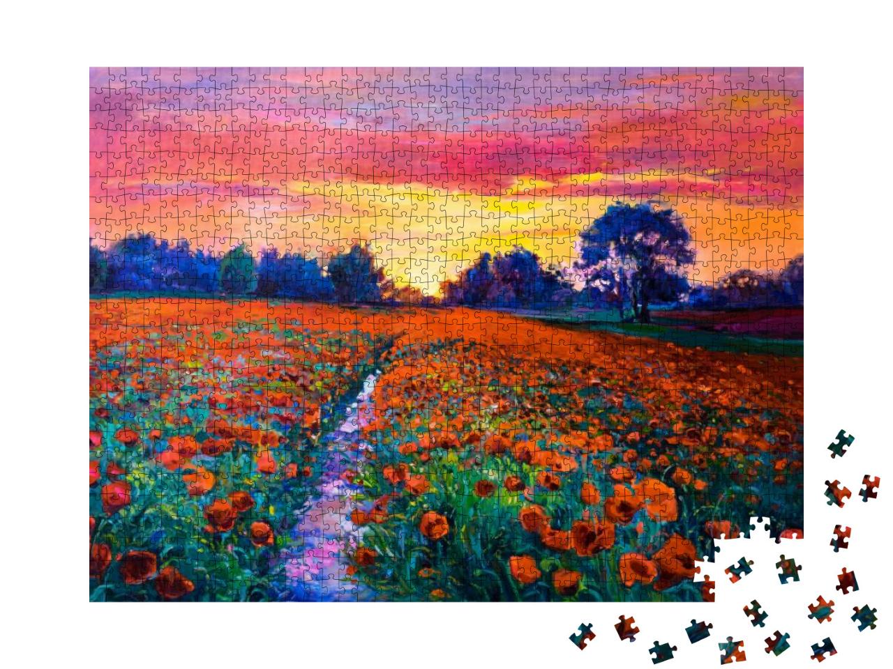 Oil Painting of a Poppy Field. Sunset Over the Red Field... Jigsaw Puzzle with 1000 pieces