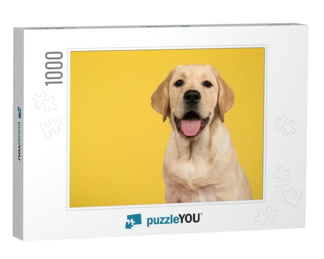 Portrait of a Blond Labrador Retriever Puppy on a Yellow... Jigsaw Puzzle with 1000 pieces