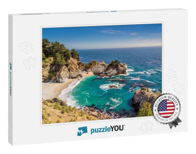 Fine Beach & Falls, Pacific Coast, Julia Pfeiffer Beach... Jigsaw Puzzle