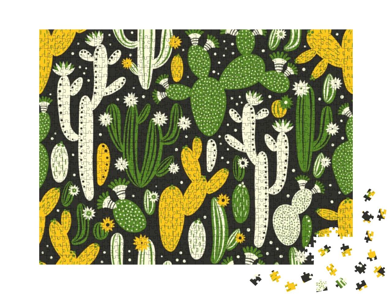 Vector Seamless Pattern with Cactus on Black Background... Jigsaw Puzzle with 1000 pieces