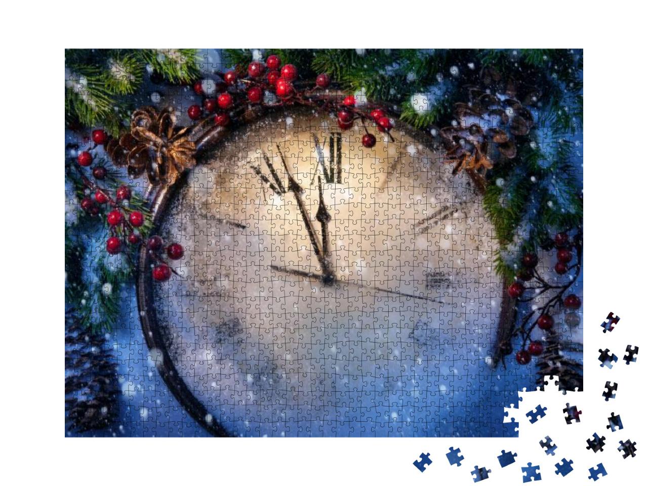 Christmas Clock & Fir Branches Covered with Snow... Jigsaw Puzzle with 1000 pieces