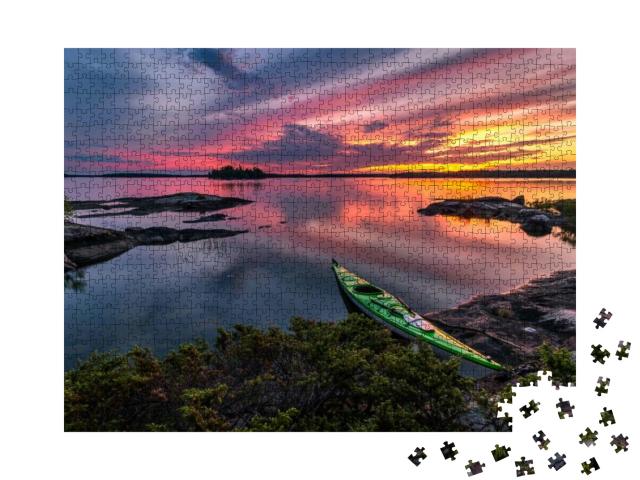 A Kayak Stopped on the Shore of Eagle Lake At Sunset on a... Jigsaw Puzzle with 1000 pieces