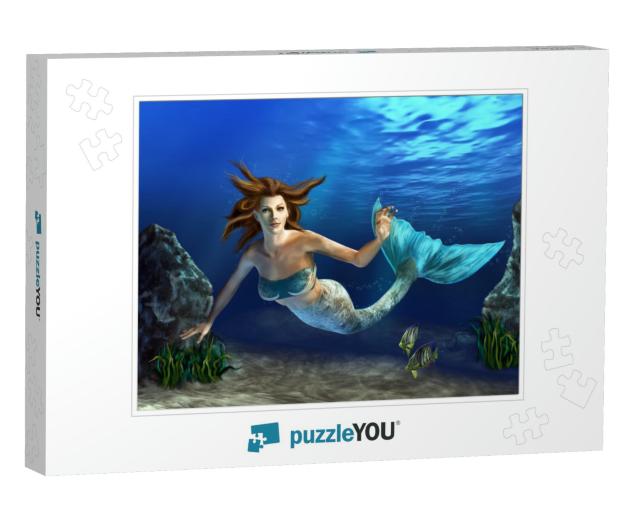 Beautiful Mermaid Swimming in a Blue Sea, Surrounded by R... Jigsaw Puzzle