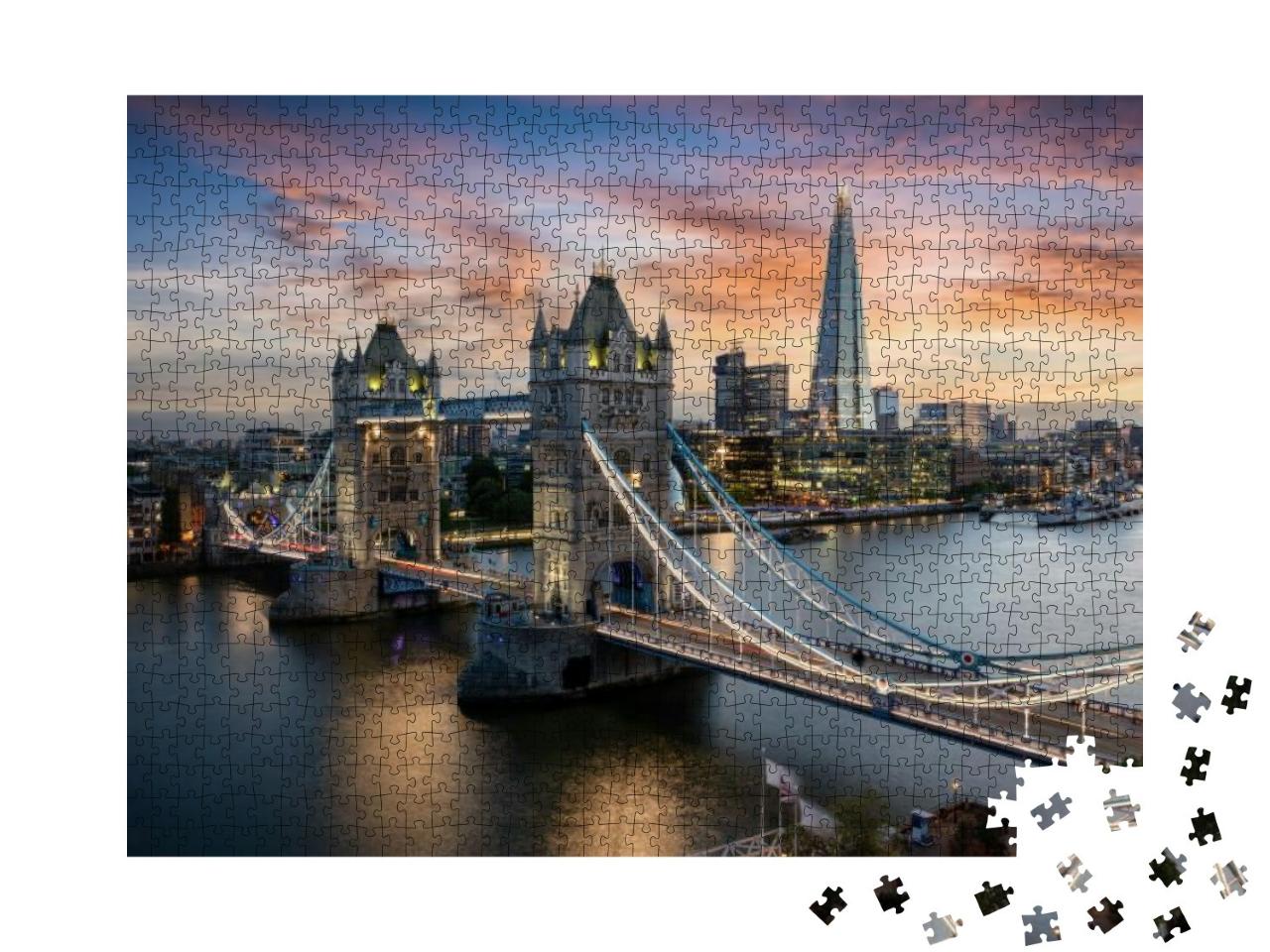 Aerial View to the Illuminated Tower Bridge & Skyline of... Jigsaw Puzzle with 1000 pieces