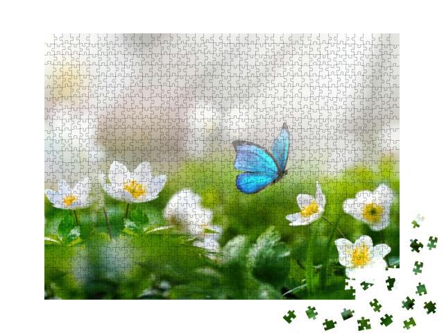 Beautiful Spring Background with Blue Butterfly in Flight... Jigsaw Puzzle with 1000 pieces