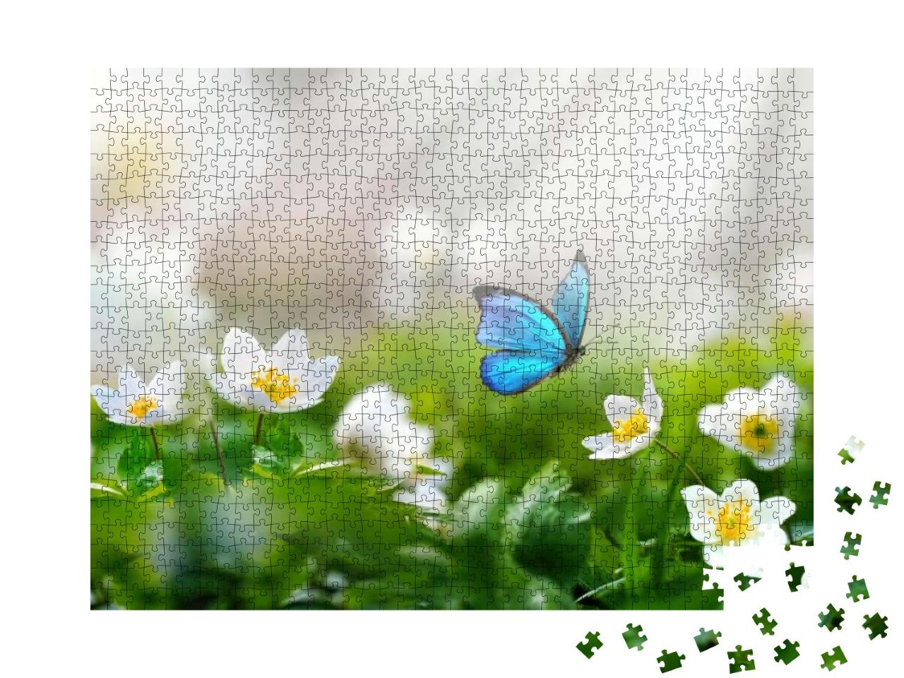 Beautiful Spring Background with Blue Butterfly in Flight... Jigsaw Puzzle with 1000 pieces