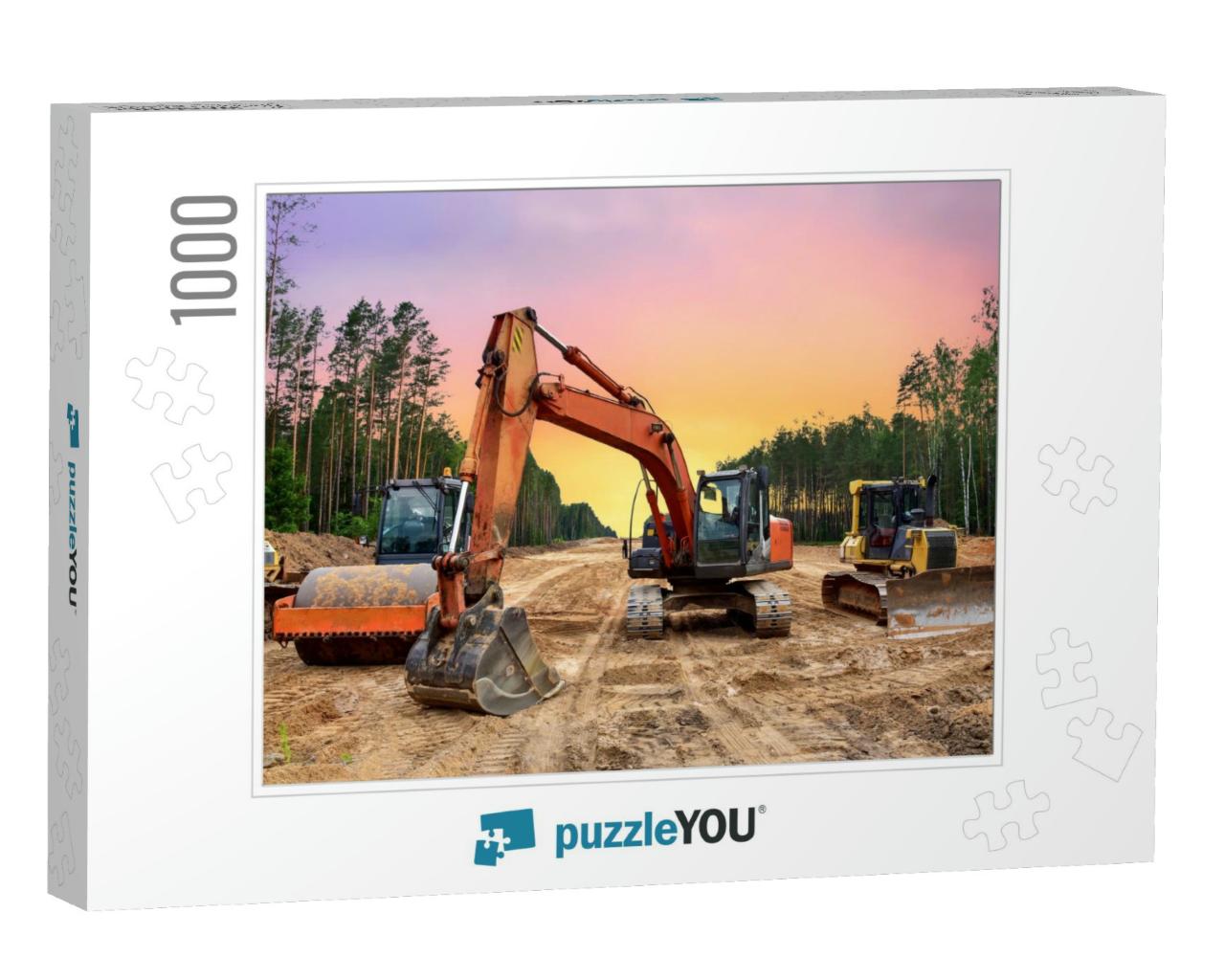 Bulldozer, Excavator & Soil Compactor on Road Work. Earth... Jigsaw Puzzle with 1000 pieces