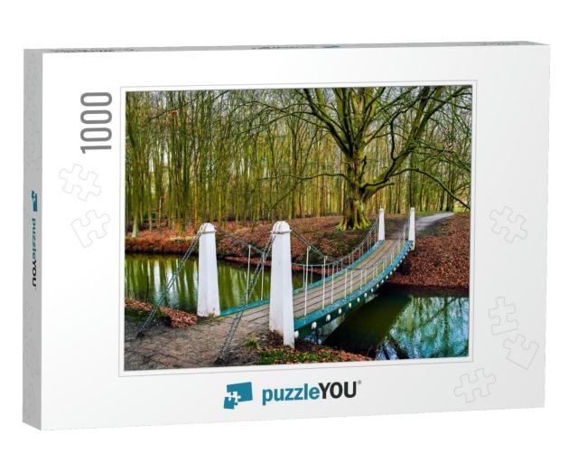 A Bridge Across the River in the Autumn Park. River Bridg... Jigsaw Puzzle with 1000 pieces