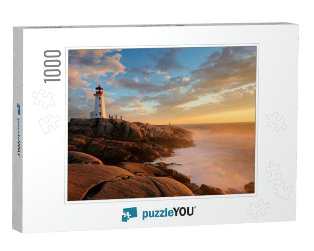 Light House At Peggy Cove At Sunset, Nova Scotia, Canada... Jigsaw Puzzle with 1000 pieces