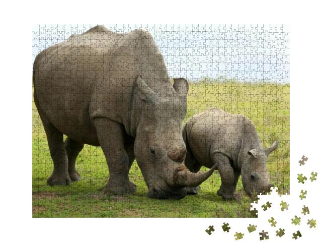A Close Up of a Female Rhino / Rhinoceros & Her Calf. Sho... Jigsaw Puzzle with 1000 pieces