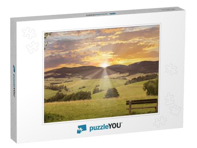 View of Bench, Valley, Mountains, Hills & Sunset... Jigsaw Puzzle