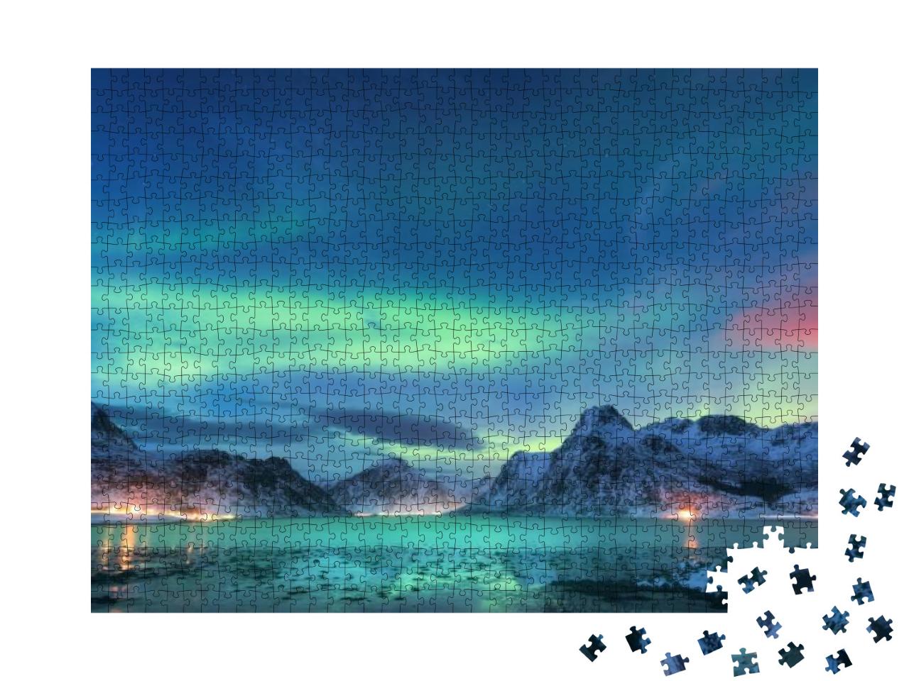Aurora Borealis Over the Sea Coast, Snowy Mountains & Cit... Jigsaw Puzzle with 1000 pieces