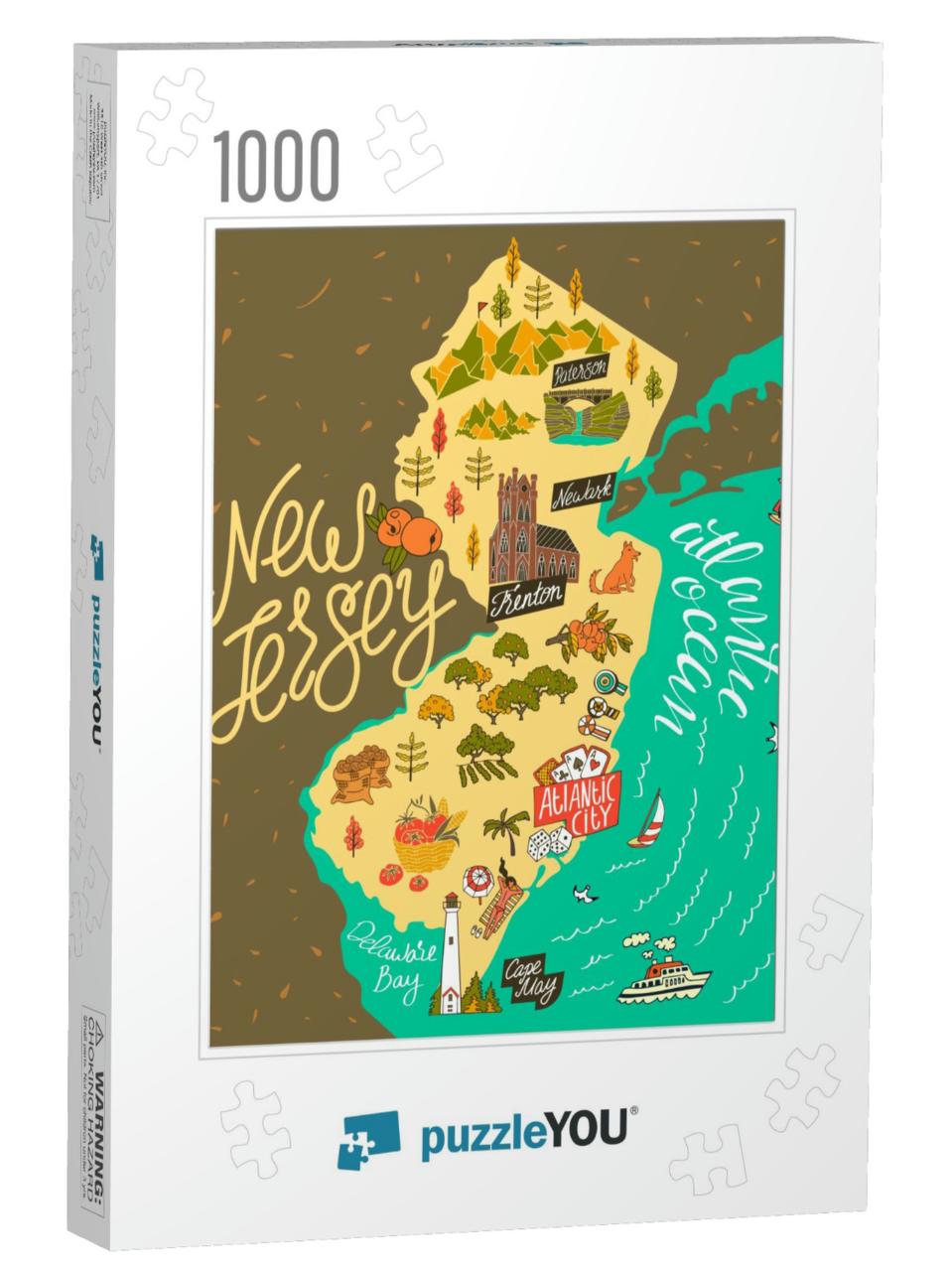 Illustrated Map of New Jersey, Usa. Travel & Attractions... Jigsaw Puzzle with 1000 pieces