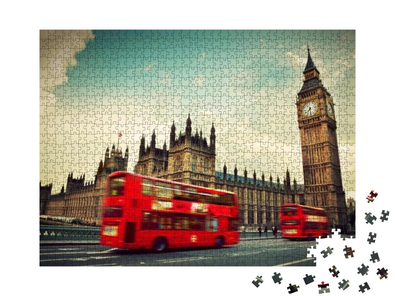 London, the Uk. Red Bus in Motion & Big Ben, the Palace o... Jigsaw Puzzle with 1000 pieces
