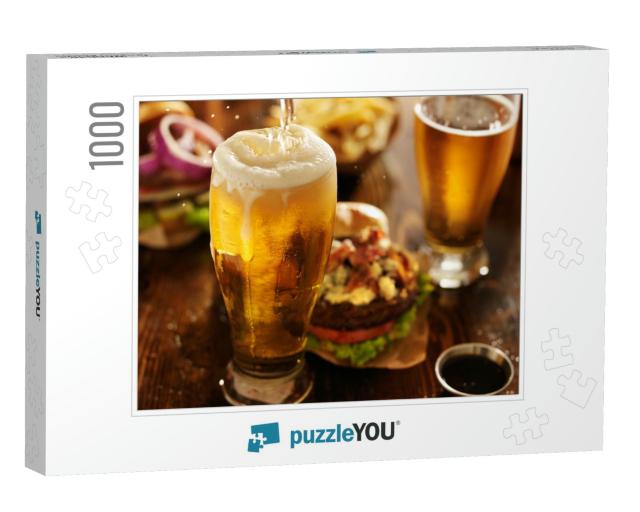 Beer Being Poured Into Glass with Gourmet Hamburgers... Jigsaw Puzzle with 1000 pieces