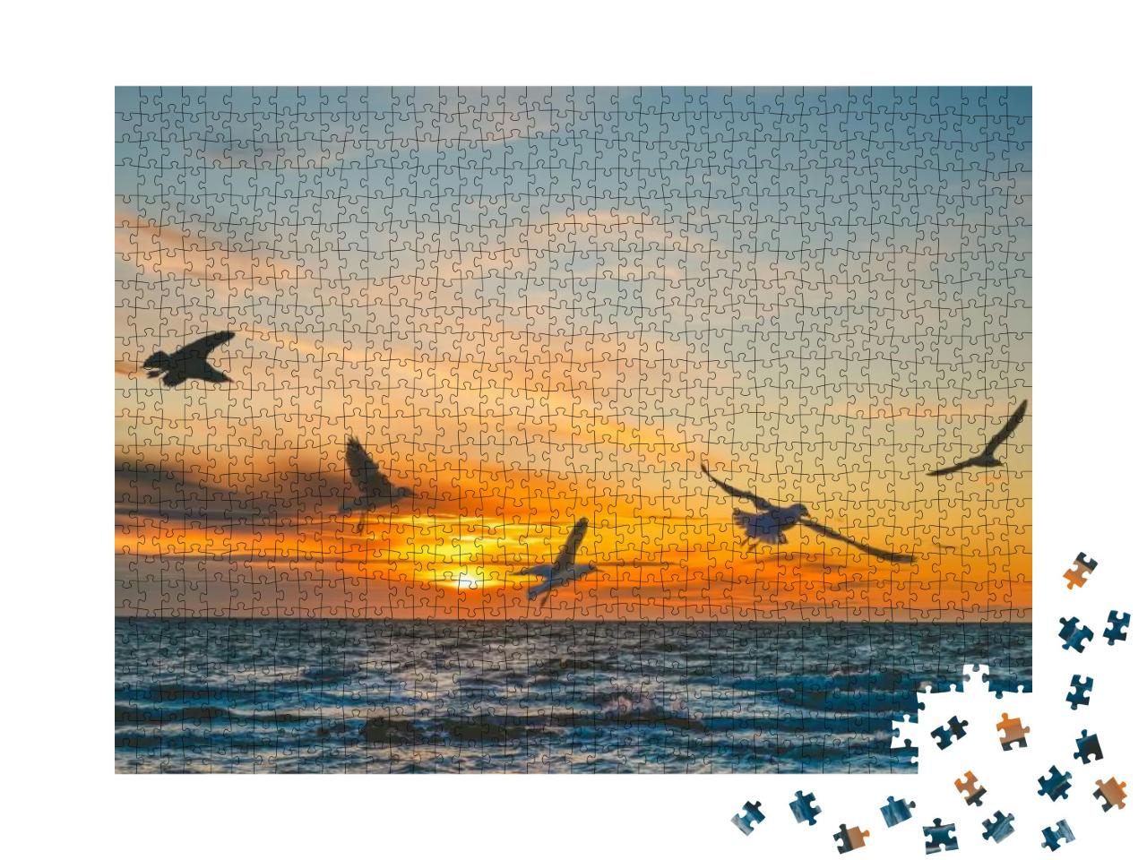 Seagulls in Flight Over Sea At Sunset - Beautiful Frozen... Jigsaw Puzzle with 1000 pieces