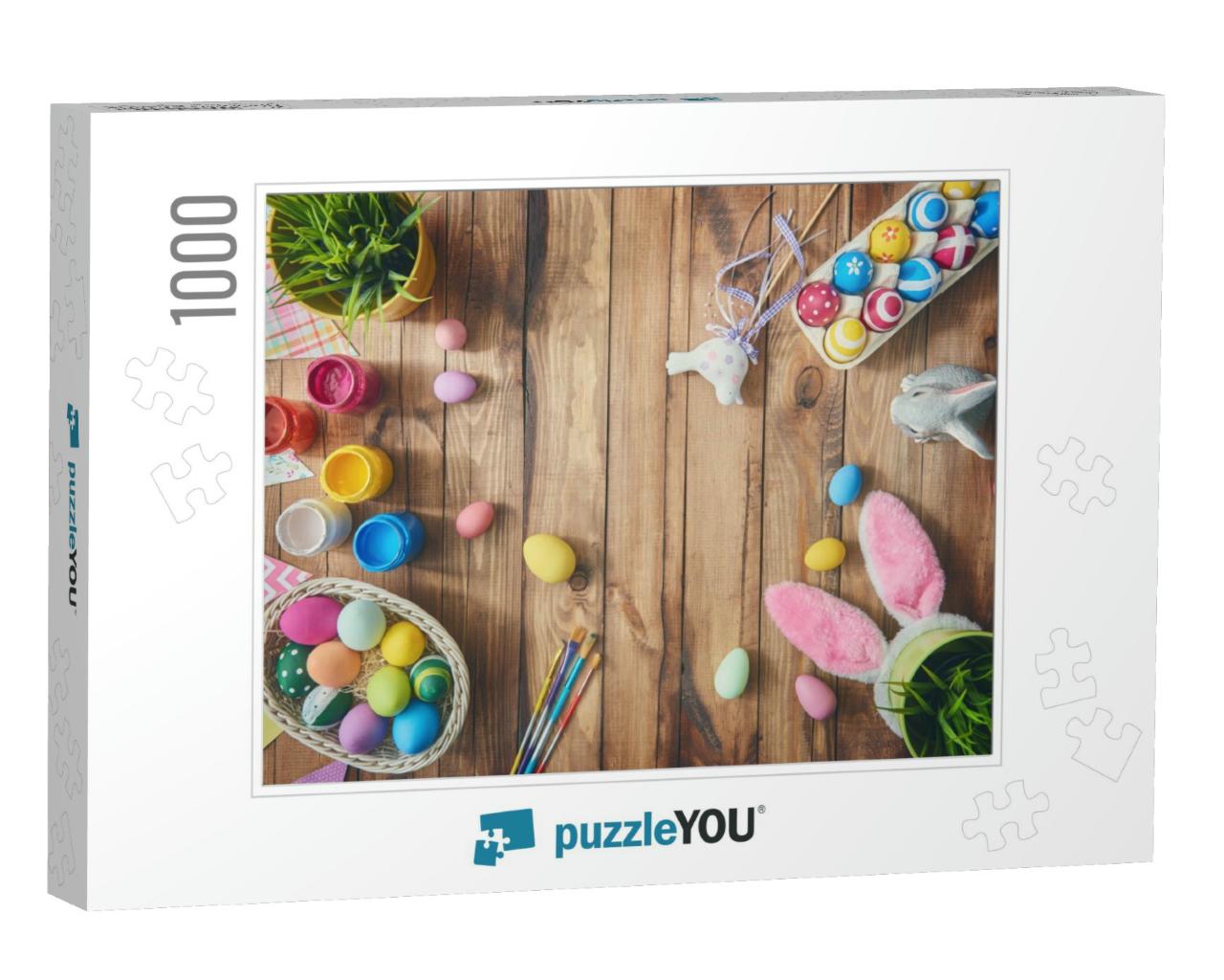 Happy Easter! Background with Colorful Eggs in Basket. Ta... Jigsaw Puzzle with 1000 pieces