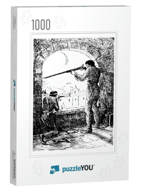Battle of Alamo Vintage Line Drawing... Jigsaw Puzzle with 1000 pieces