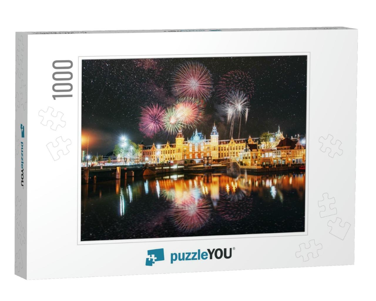 Beautiful Calm Night View of Amsterdam City. Colorful Fir... Jigsaw Puzzle with 1000 pieces