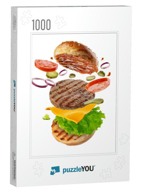Flying Burger. Big Tasty Hamburger with Flying Elements... Jigsaw Puzzle with 1000 pieces