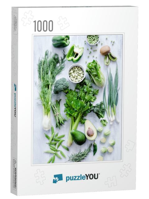 Collection of Fresh Green Vegetables on White Rustic Back... Jigsaw Puzzle with 1000 pieces