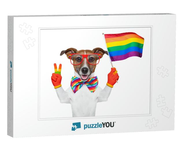 Gay Pride Dog Waving a Rainbow Flag... Jigsaw Puzzle
