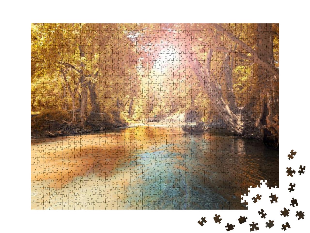 Flowing Stream with Colorful Yellow Orange Trees Forest... Jigsaw Puzzle with 1000 pieces