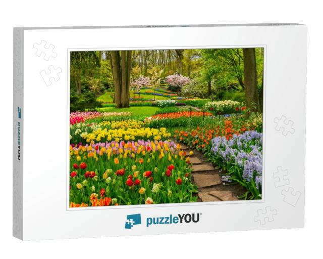 Colorful Tulips Flowerbeds & Stone Path in an Spring Form... Jigsaw Puzzle