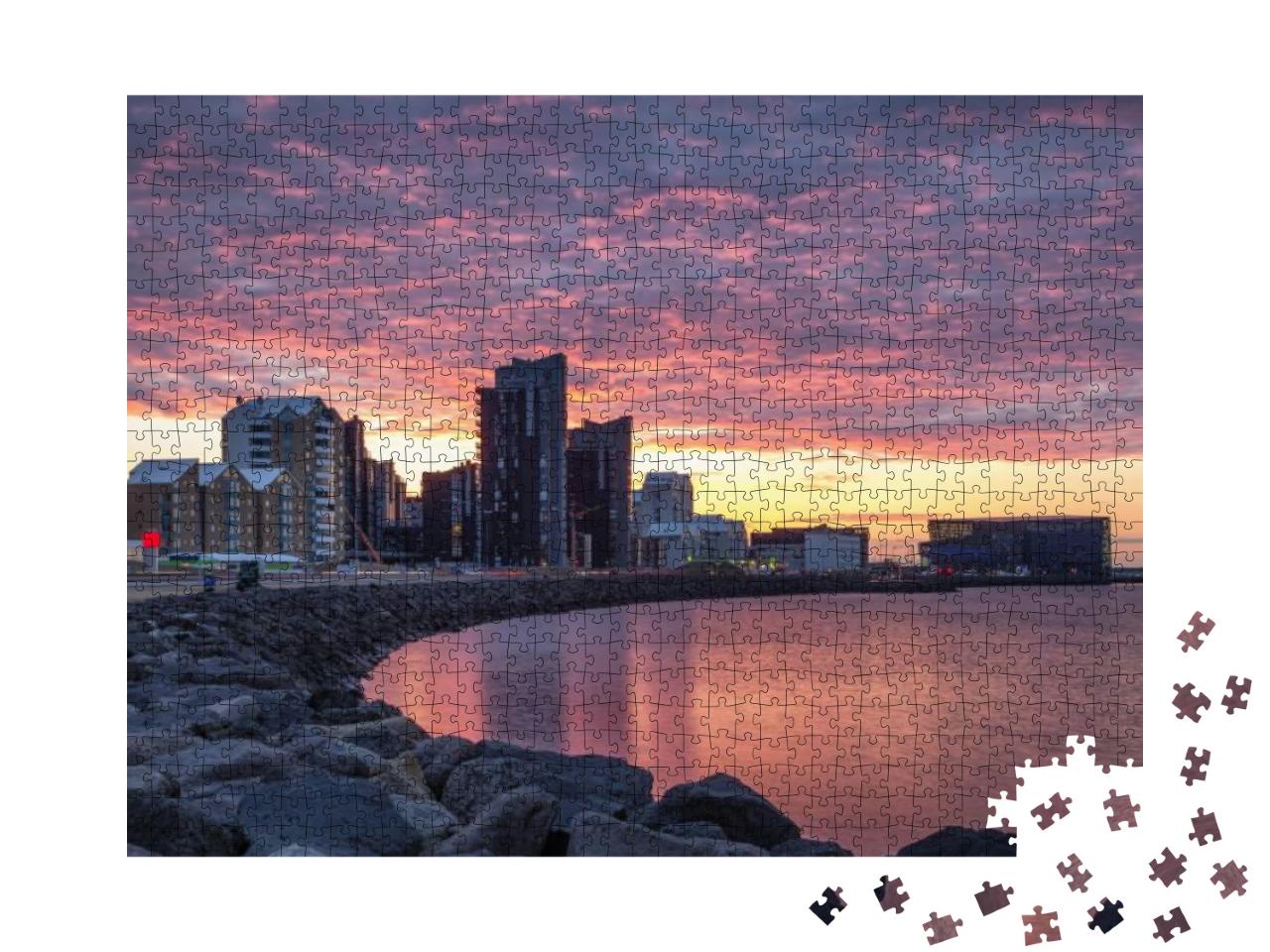 Sunset Over the Bay Embankment of Reykjavik. Colorful Sky... Jigsaw Puzzle with 1000 pieces