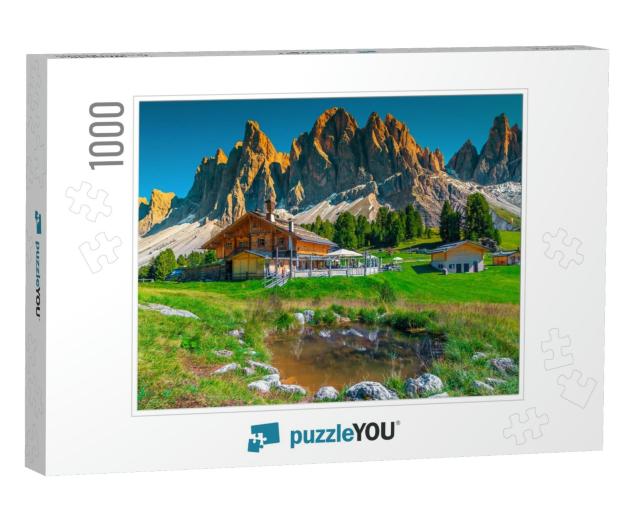 Beautiful Spring Alpine Landscape, Mountain Chalets & Sma... Jigsaw Puzzle with 1000 pieces