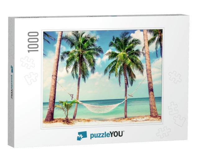 Beautiful Beach. Hammock Between Two Palm Trees on the Be... Jigsaw Puzzle with 1000 pieces