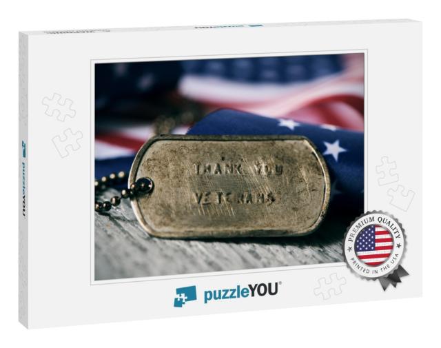 Closeup of a Rusty Dog Tag with the Text Thank You... Jigsaw Puzzle