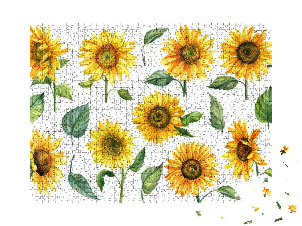 Sunflowers Isolated on White Background, Watercolor Botan... Jigsaw Puzzle with 1000 pieces
