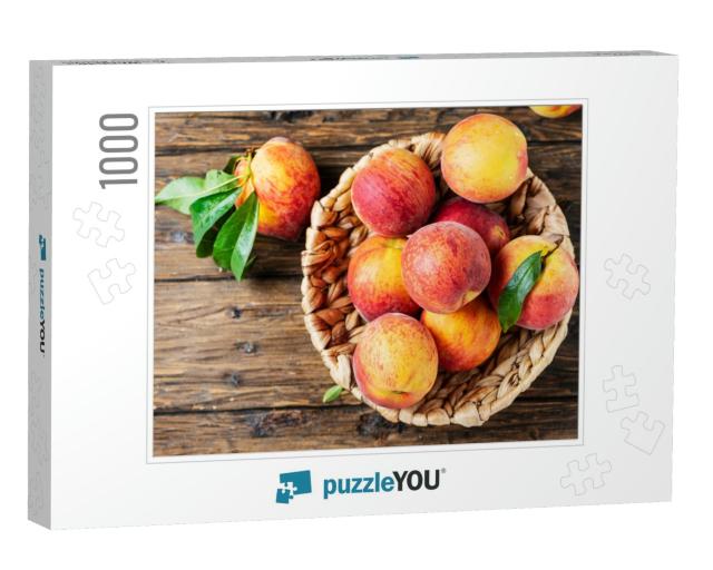 Summer Concept. Fresh Sweet Peaches on the Wooden Table... Jigsaw Puzzle with 1000 pieces
