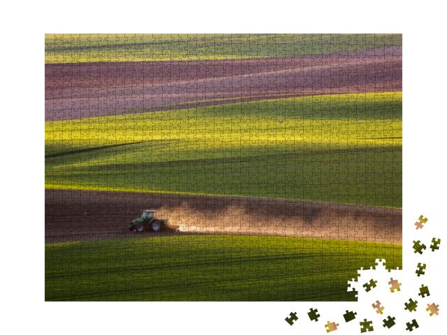 Sunset Light Over Plowing Tractor in the Spring, South Mo... Jigsaw Puzzle with 1000 pieces