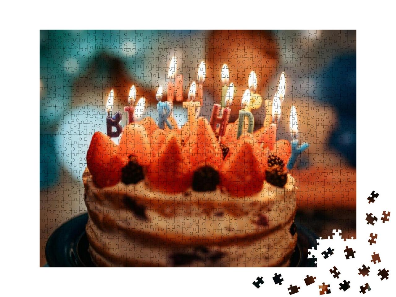 Birthday Cake with Candles Against Blue Balloons... Jigsaw Puzzle with 1000 pieces