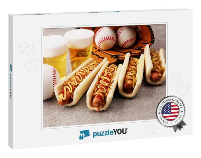 Grilled Hot Dogs with Mustard & Ketchup on the Table with... Jigsaw Puzzle