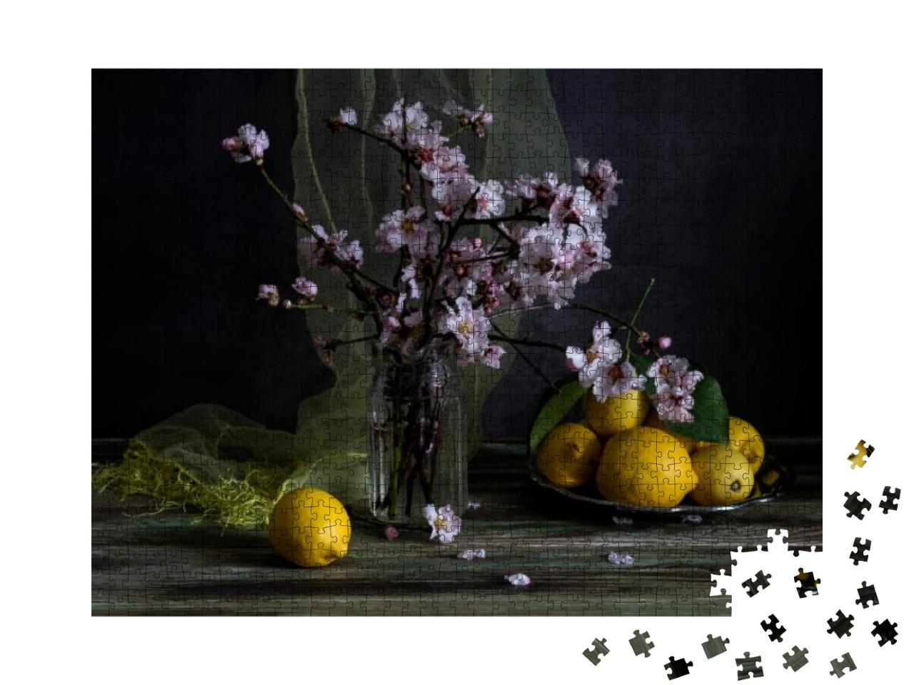 Still Life with Spring Almond Branches in a Vase & a Yell... Jigsaw Puzzle with 1000 pieces